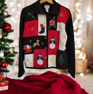Vintage Crystal Kobe Christmas Patchwork Cardigan‎ Sweater Medium